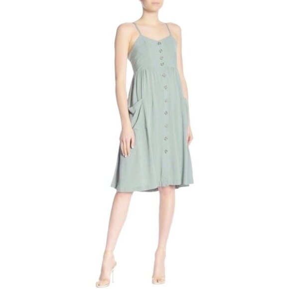 NWT Good Luck Gem Button Front Sleeveless Midi Dress L Sage Green Smock - Picture 1 of 8